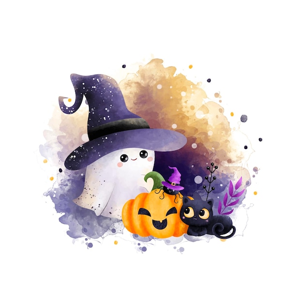 Watercolor illustration cute little ghost with pumpkin and black cat