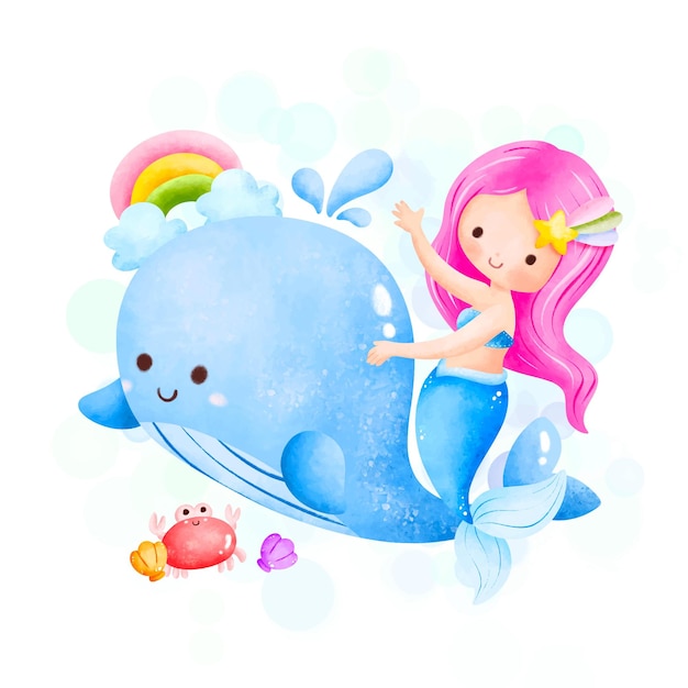 Watercolor Illustration cute Mermaid and whale