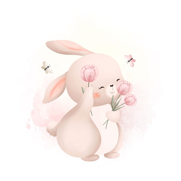 Vector watercolor illustration cute rabbit with pink flowers and butterflies