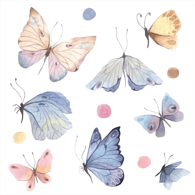 Watercolor illustration delicate butterflies pastel pink blue beige