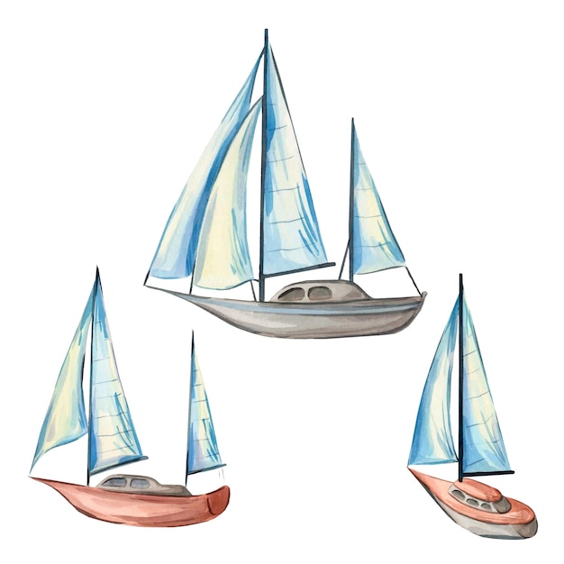 Watercolor illustration depicting a yacht Sea vessel on a white background