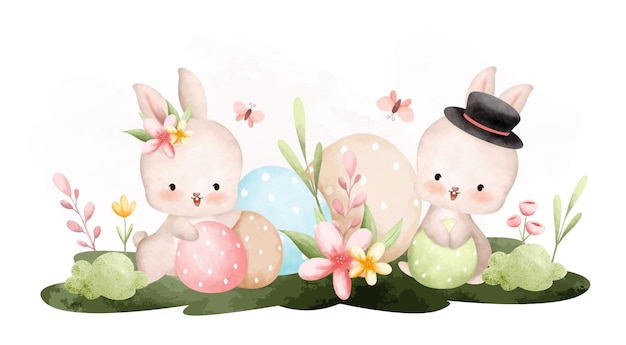 Watercolor Illustration Easter rabbit and Easter egg in the garden