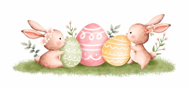 Watercolor Illustration Easter Rabbit and Easter Egg