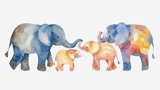 Vector a watercolor illustration of elephants with different colored ones