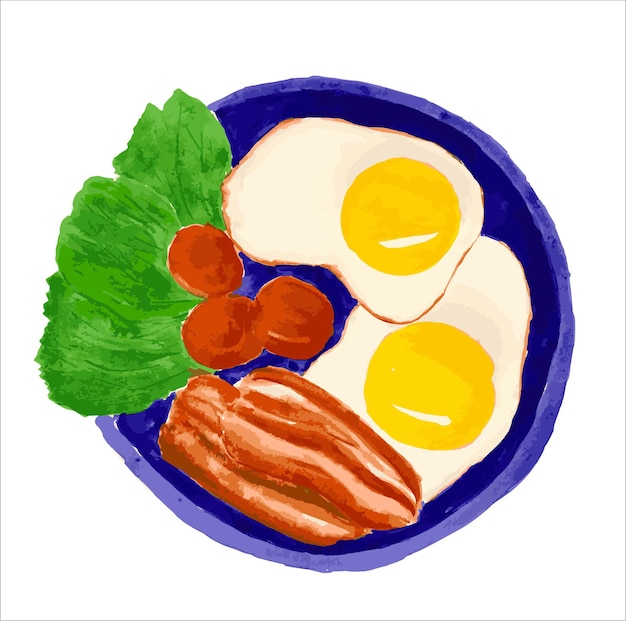 watercolor illustration english breakfast scrambled eggs with bacon tomatoes and lettuce on a plat