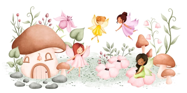 Watercolor Illustration Fairy Garden and plants