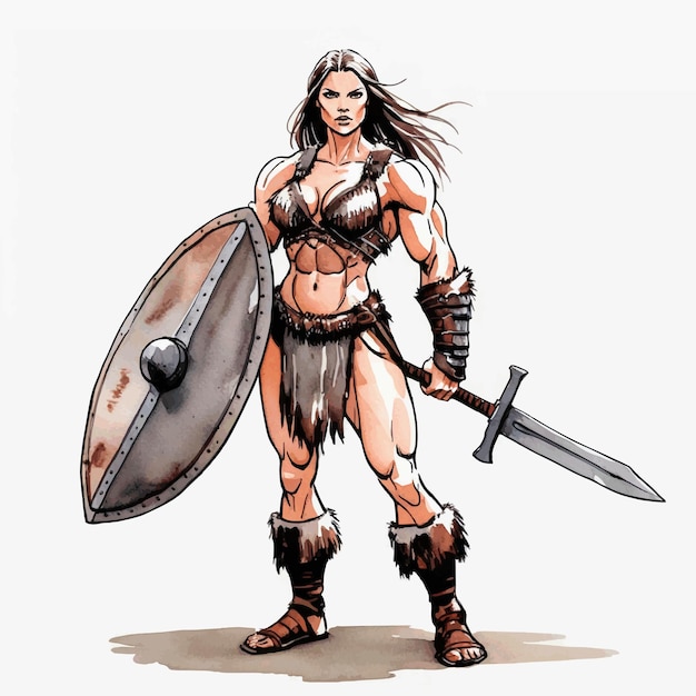 Vector watercolor illustration of a female barbarian warrior