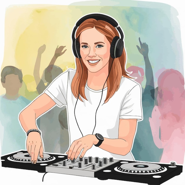 Vector watercolor illustration of a female dj music