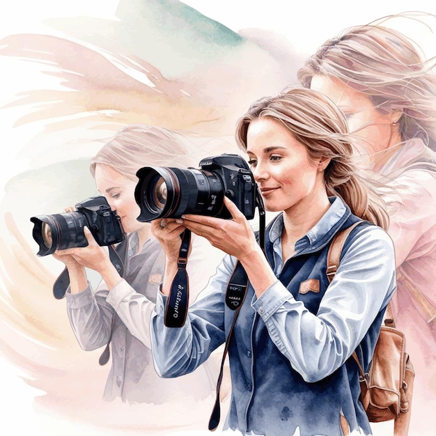 Vector watercolor illustration of a female photographer