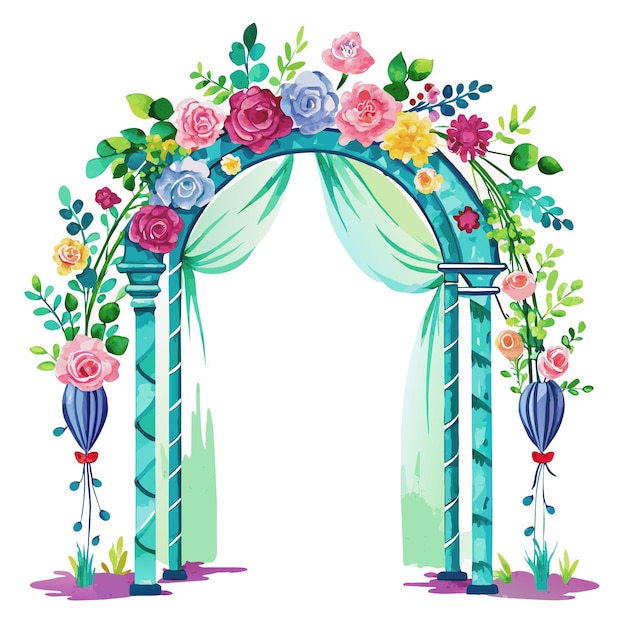 a watercolor illustration of a floral arch with roses and greenery