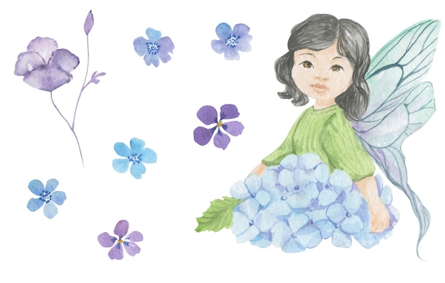 Watercolor illustration of a flower fairy in a hydrangea dress