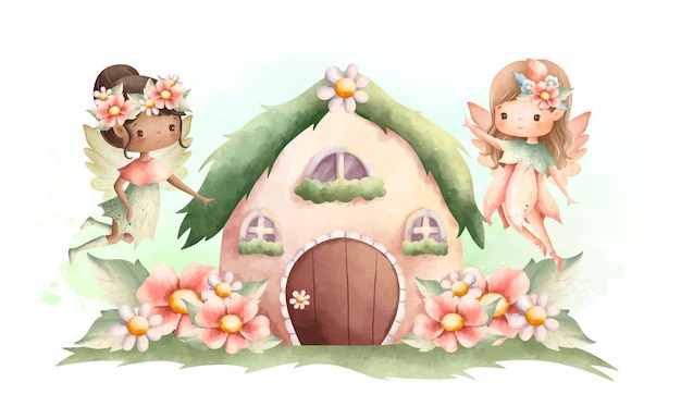 Watercolor illustration Flower fairy and little house