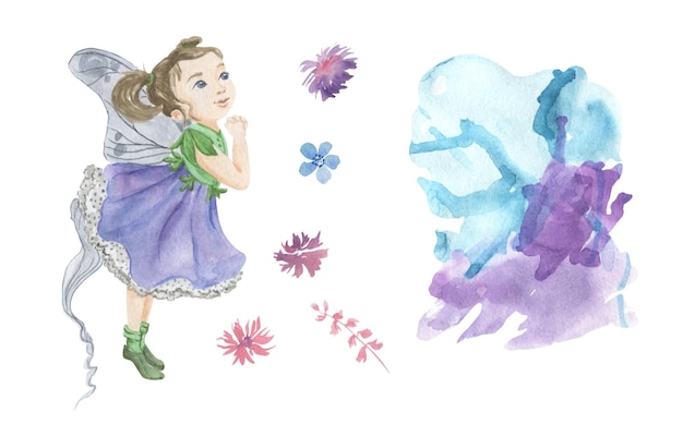 Watercolor illustration of a flower fairy and several flowers color blot