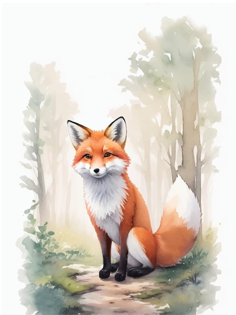 Watercolor illustration of a fox in the forest