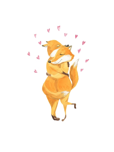 Watercolor illustration of foxes in love with hearts around