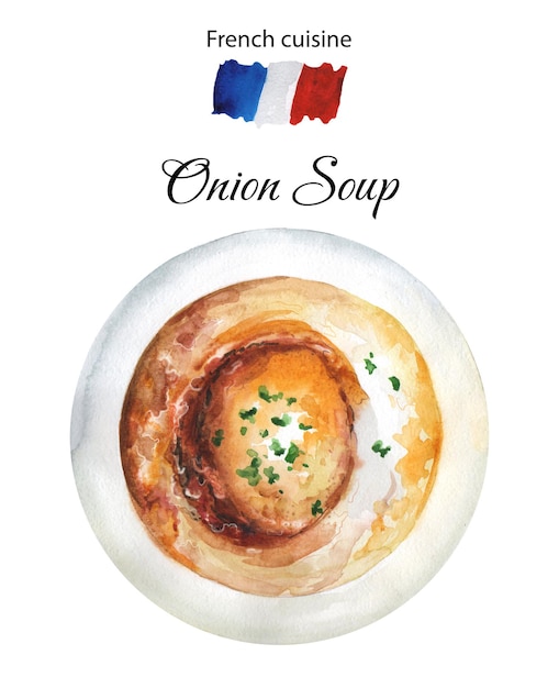 Watercolor illustration of french onion soup. Cream soup. Tasty starter.