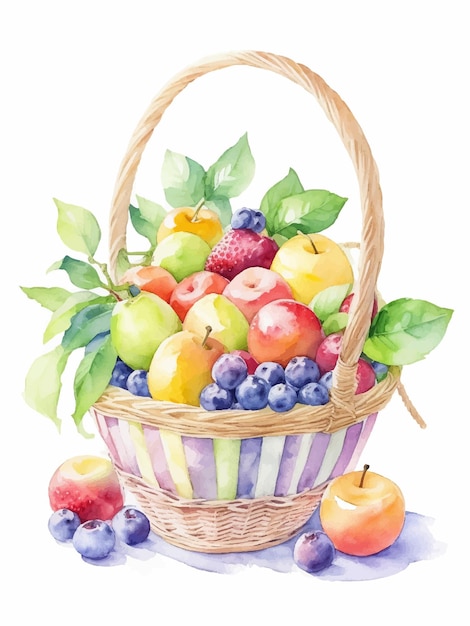 Watercolor illustration of fruit in a basket