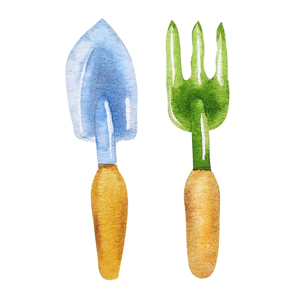 Watercolor illustration of garden tools