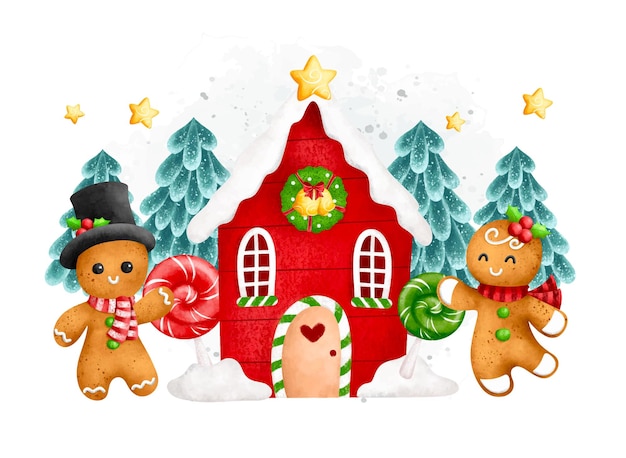 Watercolor Illustration Gingerbread and House with Chritsmas ornaments