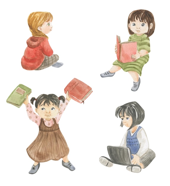 Watercolor illustration of girls reading books