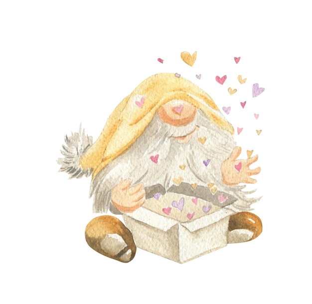 Watercolor illustration of a gnome in a hat with a box from which hearts fly