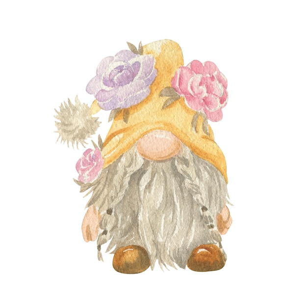 Watercolor illustration of a gnome in a hat with flowers with a beard and pigtails