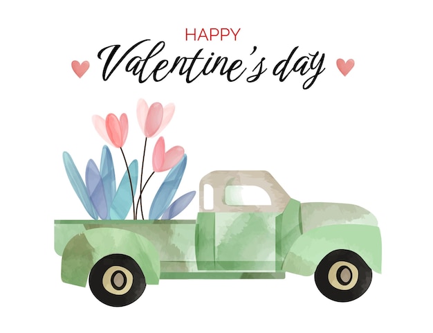 Vector watercolor illustration of a green pickup truck with flowers. valentine's day.greeting card machine