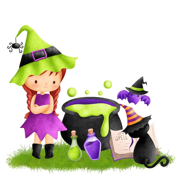 Watercolor Illustration Halloween Witch and Black cat