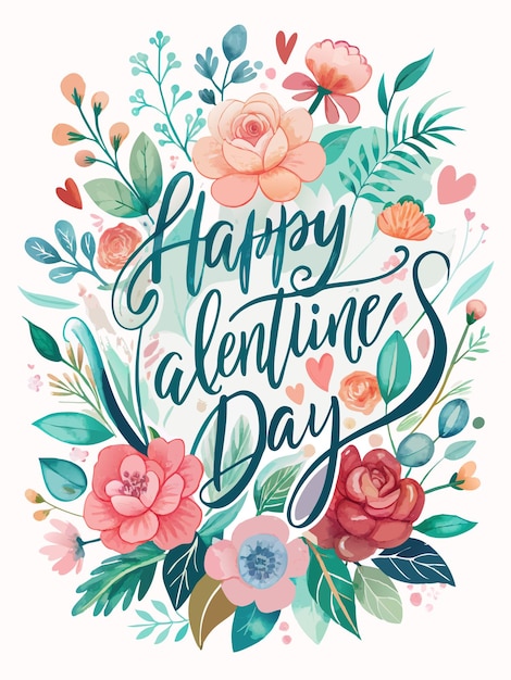 Vector watercolor illustration of happy valentine39s day text surrounded by flowers and leaves in shades of pink red blue and green