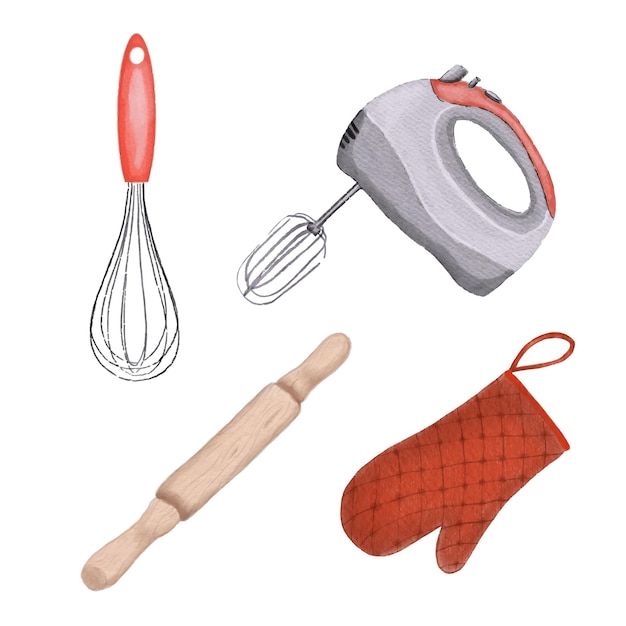 A watercolor illustration of items for cooking Kitchen supplies