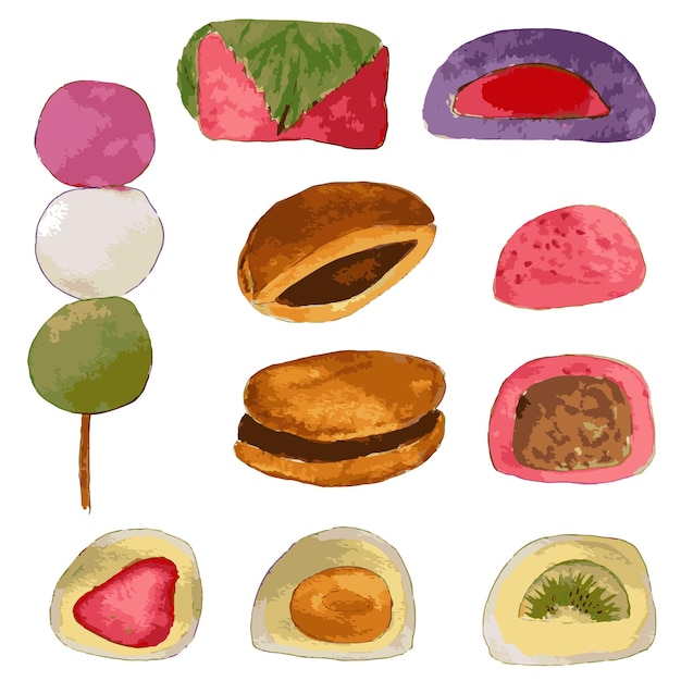 Vector watercolor illustration of japanese desserts mochi dorayaki daifuku mochi dango watercolor japa