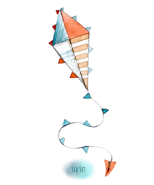 A watercolor illustration of a kite with the words sea get on it.