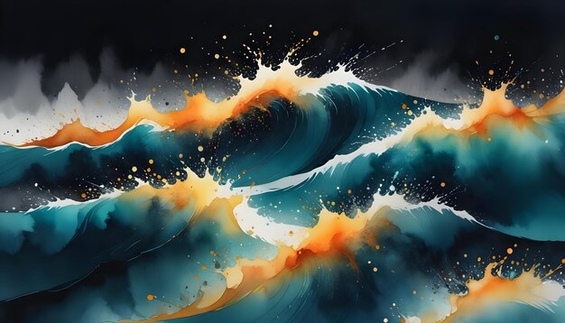 Vector watercolor illustration of large crashing waves with splashes of golden light against a dark blue background