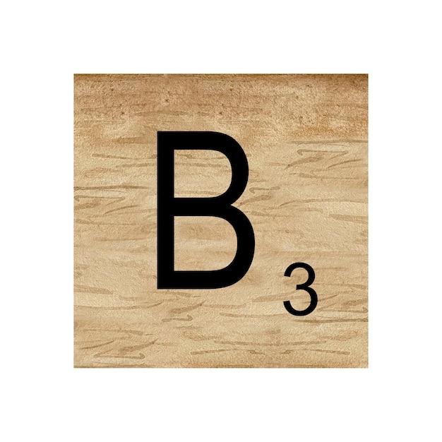 Watercolor illustration of Letter B in scrabble alphabet Wooden scrabble tiles to compose words