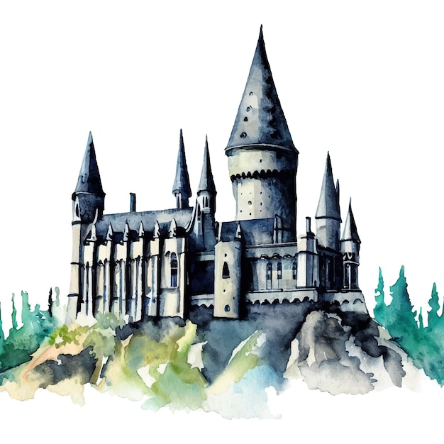 Watercolor illustration of a magical castle