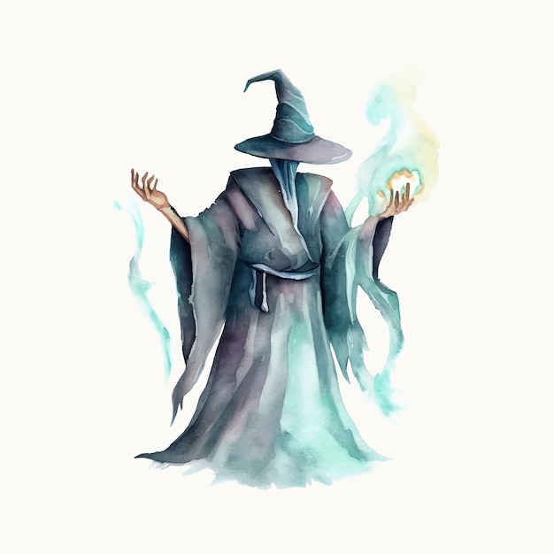 Watercolor illustration of a magical sorcerer