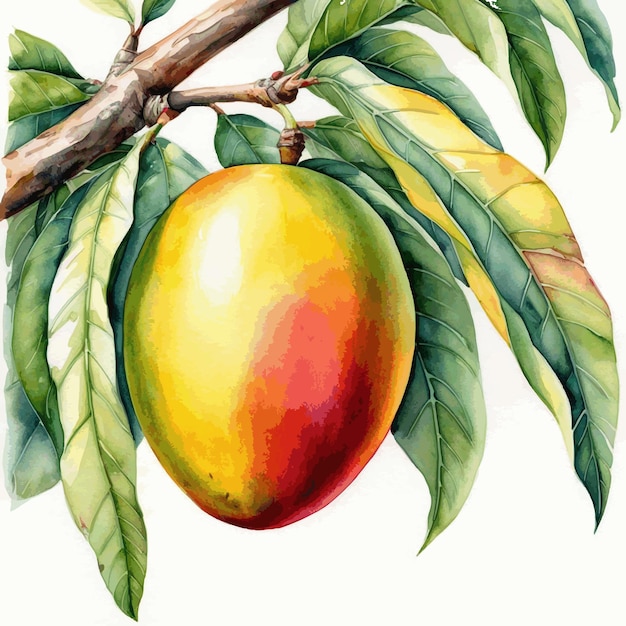 Vector watercolor illustration of mango fruit on a tree