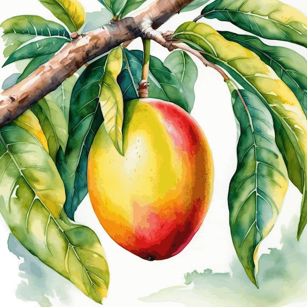 watercolor illustration of mango fruit on a tree