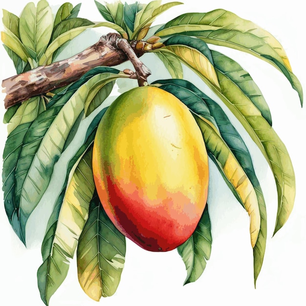 Vector watercolor illustration of mango fruit on a tree