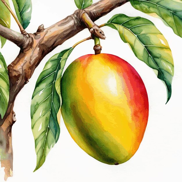 Vector watercolor illustration of mango fruit on a tree