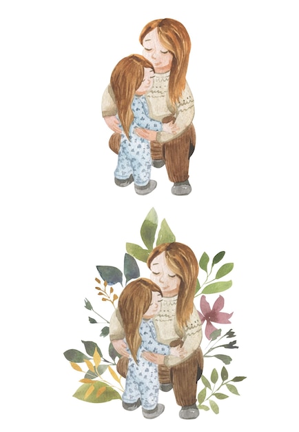 Watercolor illustration of mom and baby hugging