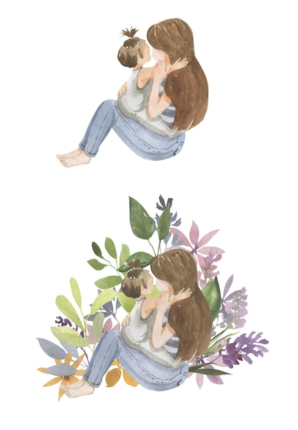 Watercolor illustration of mom and baby