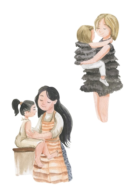 Watercolor illustration of mom and daughter hugging