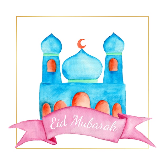 Watercolor illustration of a mosque with a pink banner that says eid mubarak