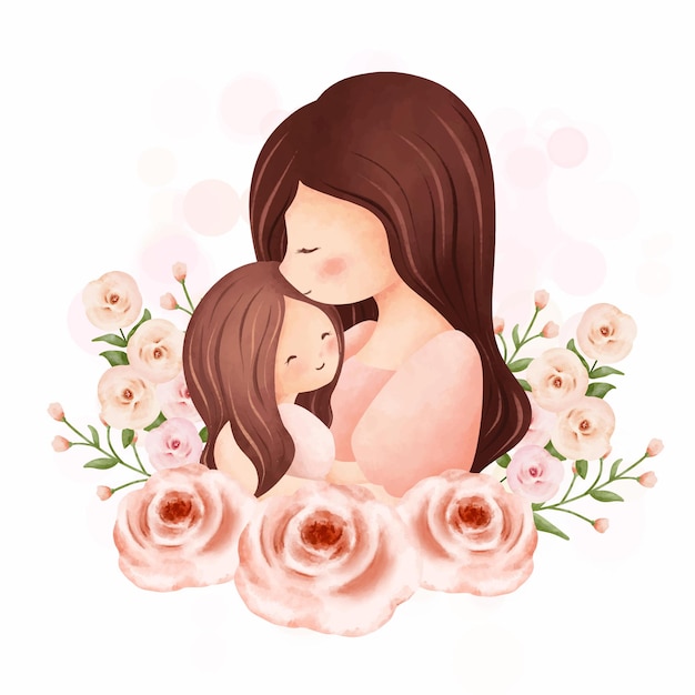 Watercolor Illustration Mother and Daughter in flower wreath