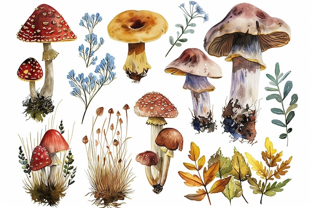 Watercolor illustration of mushrooms set collection on isolated white background