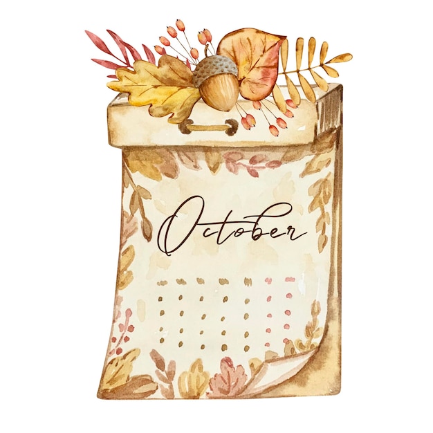 Watercolor illustration of October calendar with autumn leaves