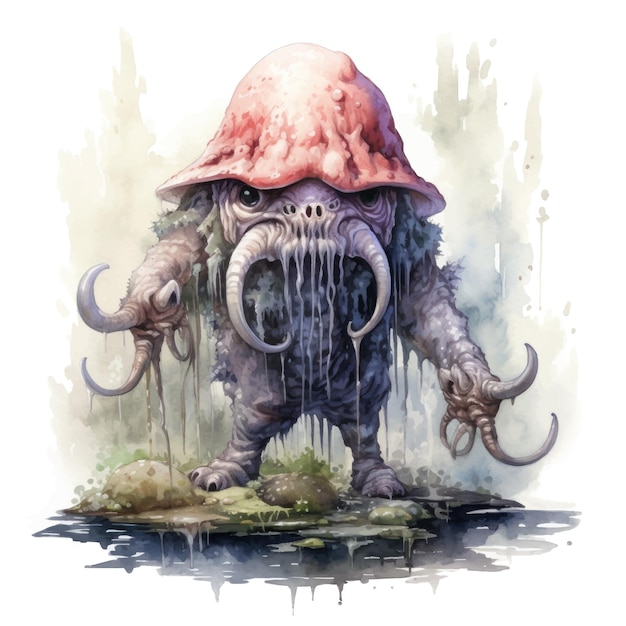 Watercolor illustration of an octopus in a hat with horns