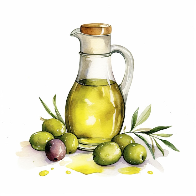 Watercolor illustration olive oil in white background