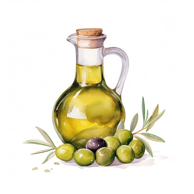 Watercolor illustration olive oil in white background